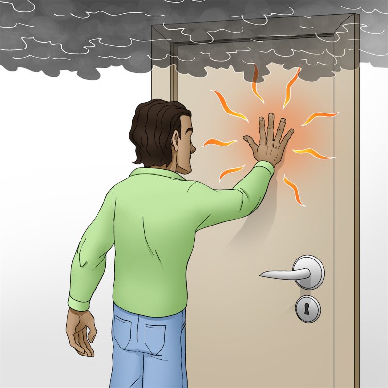 Illustration af mand der rører en varm, lukket dør