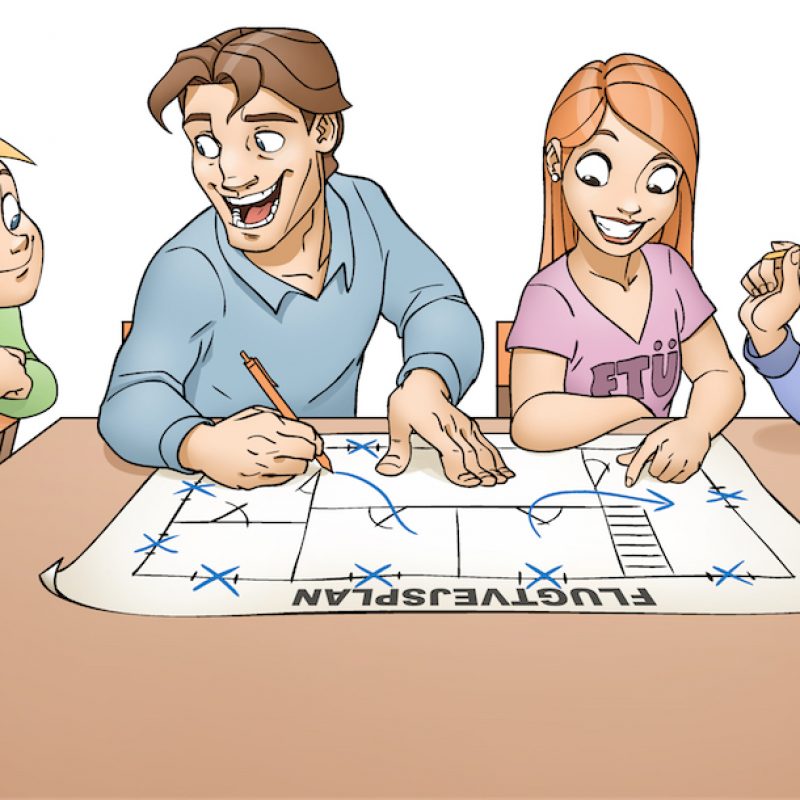 Illustration af en familie der gennemgår familiens flugtvejsplan