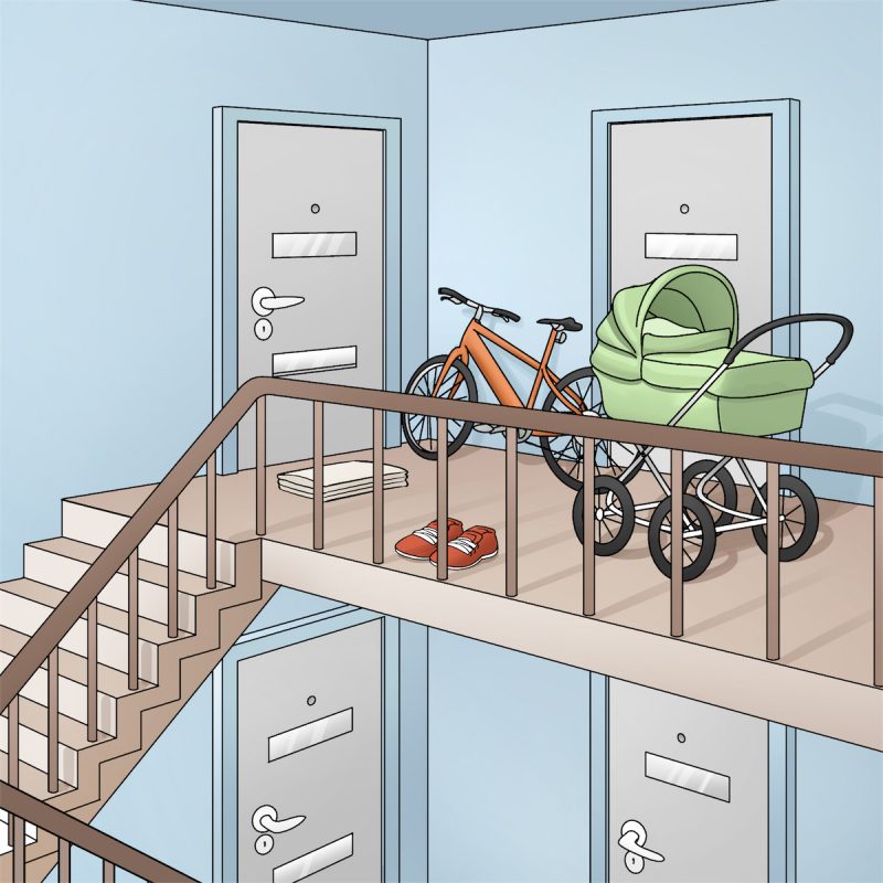 Opgang med cykler og barnevogne. Illustration: Hovedstadens Beredskab
