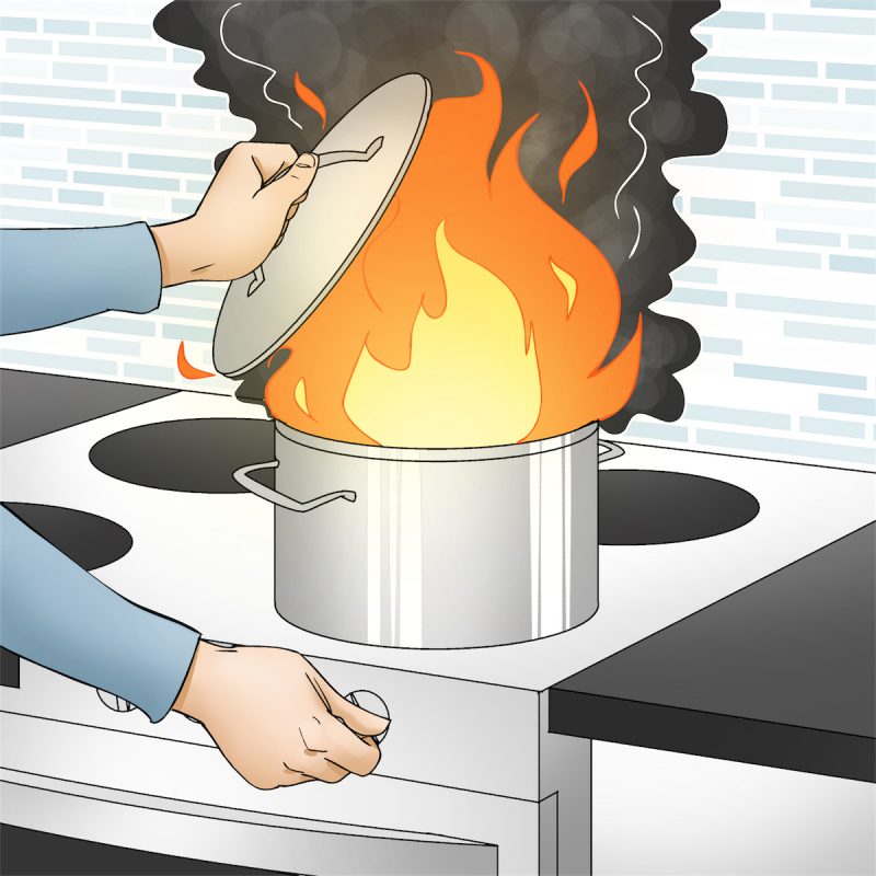 Illustration af en frituregryde med ild i