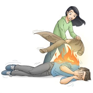 Læg personen ned og kvæl straks ilden med tæppe el.lign. Illustration: Hovedstadens Beredskab