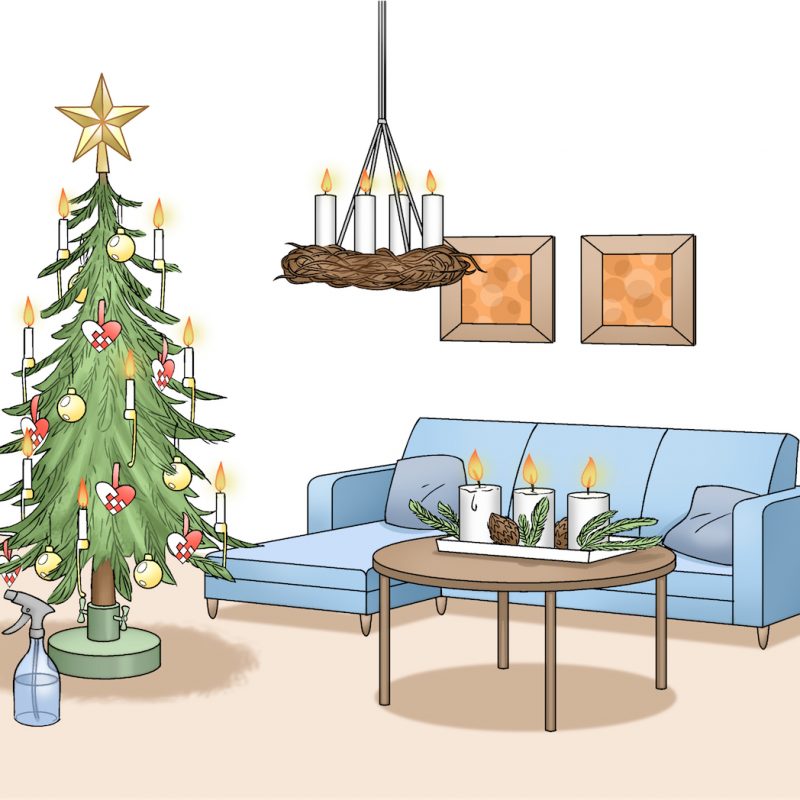 Lejlighed med juledekorationer og juletræ. Illustration: Hovedstadens Beredskab